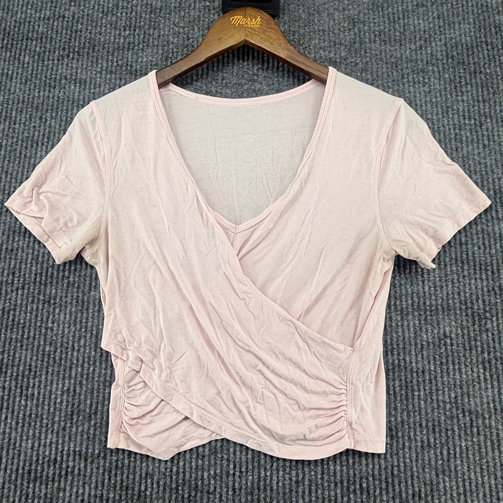 Lululemon Wrap Front Top Womens 6 Pink Good Short Sleeve Ruched V-Neck Cropped